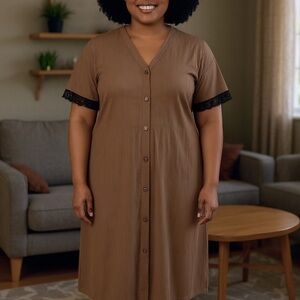 Pokwai Women’s Button Down Nightgown Short Sleeve Sleep Shirt with Black Lace XL